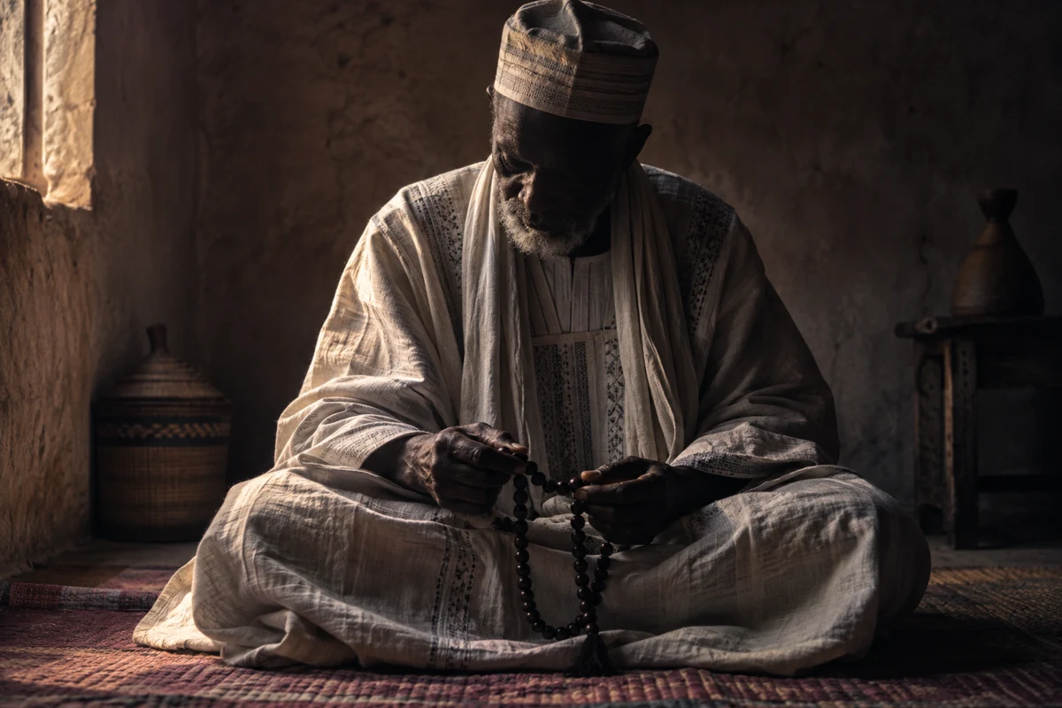 A sage in traditional dress, face in shadow — illustration, does not show Marabout Sylla