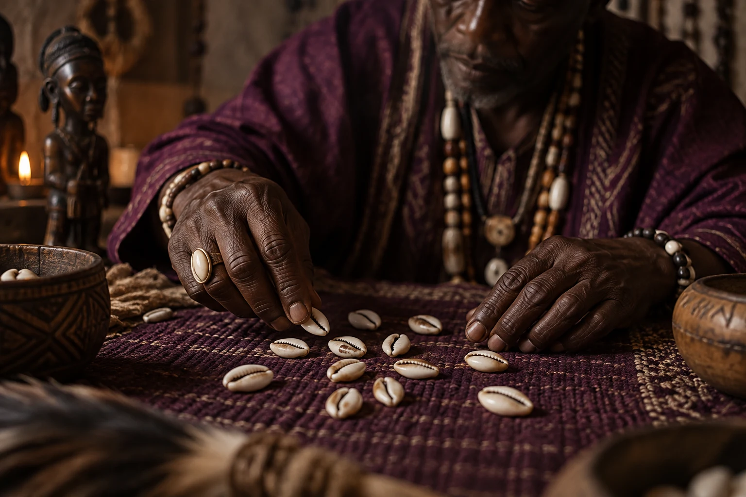 A practitioner reading cowrie shells — illustration created for this site