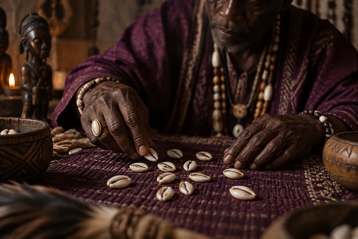 A practitioner reading cowrie shells — illustration created for this site