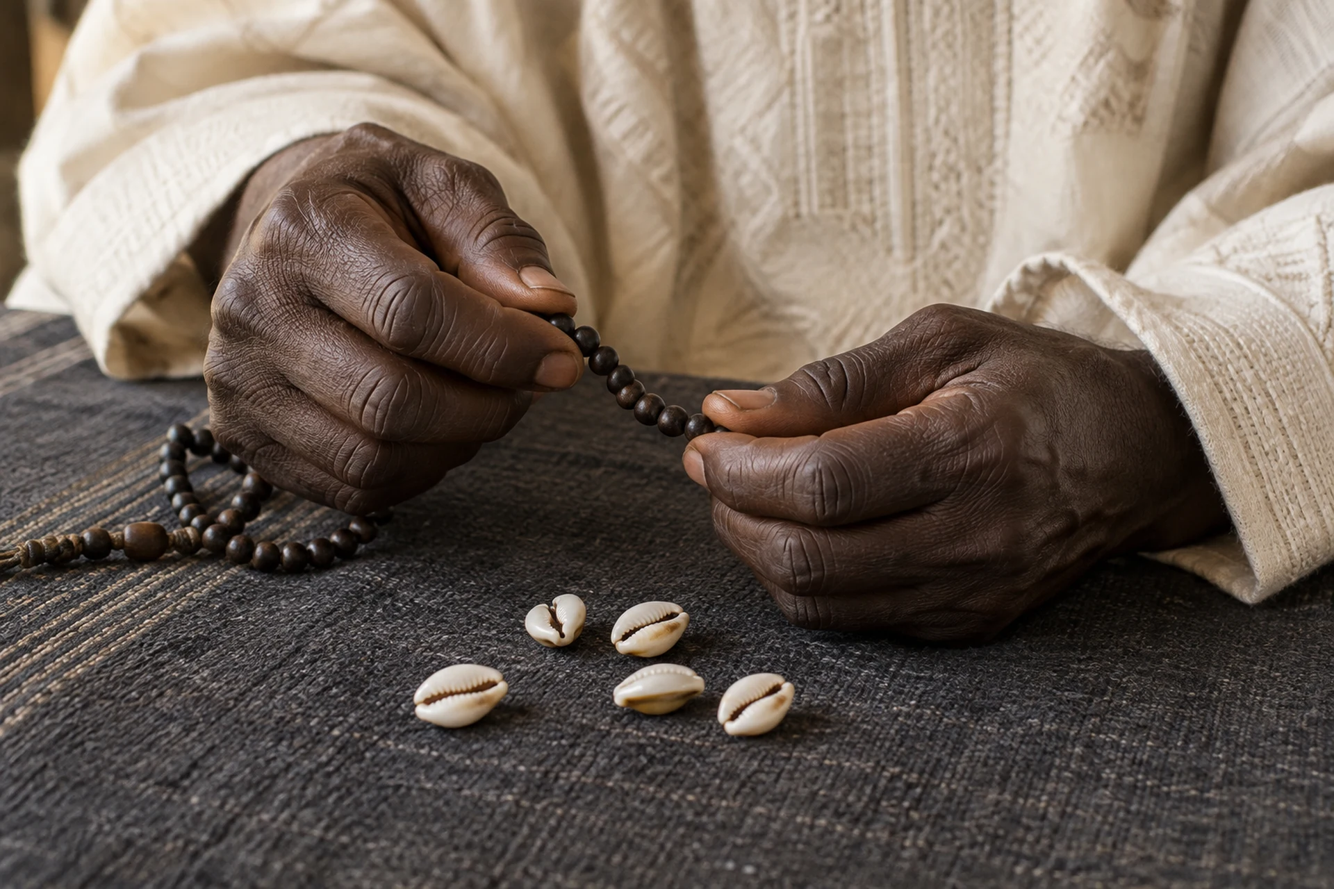 Cowrie shells and prayer beads in a practitioner’s hands — illustration